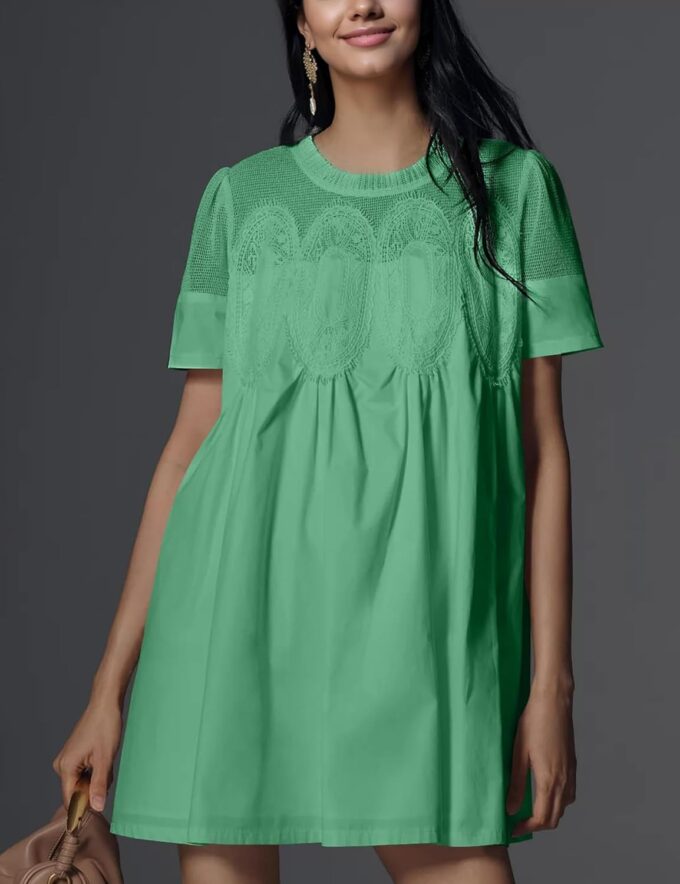 Women's Summer Lace Mini Dress Ruffled Collar Short Sleeve Flared A-Line Hem Babydoll Sundress(102-002) – Bild 5