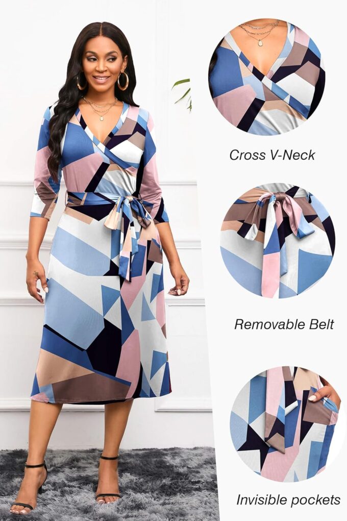Runwind Women's Midi Dress,3/4 Sleeves V Neck Cocktail Party Dress Curvy Wrap Sexy Geometric Pattern Dresses with Belt – Bild 4