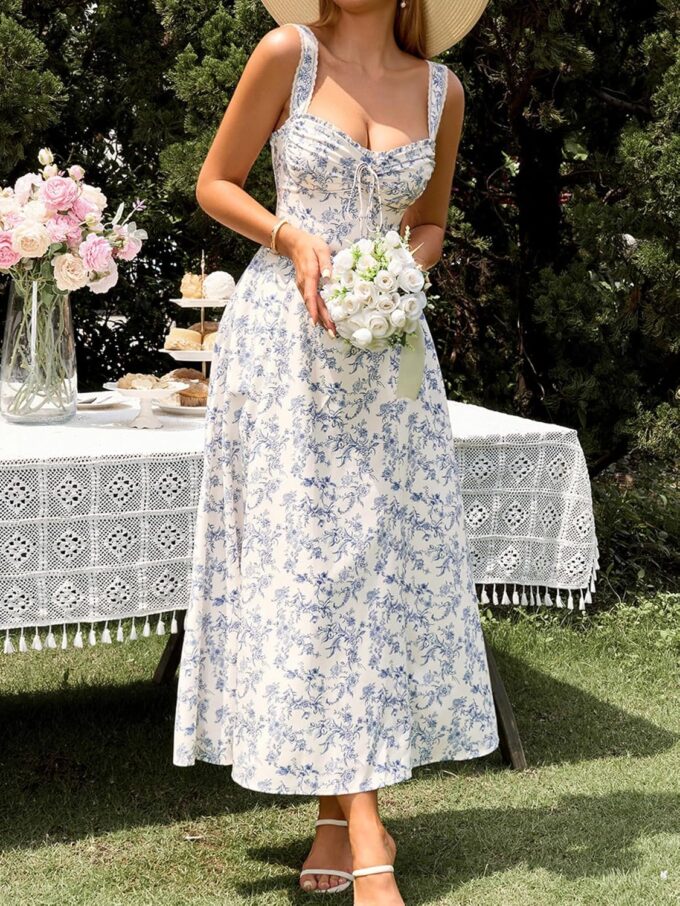 KUTUMAI Floral Corset Midi Dresses for Women 2025 Lace Up Flowy Summer Wedding Guest Dress with Pockets – Bild 2