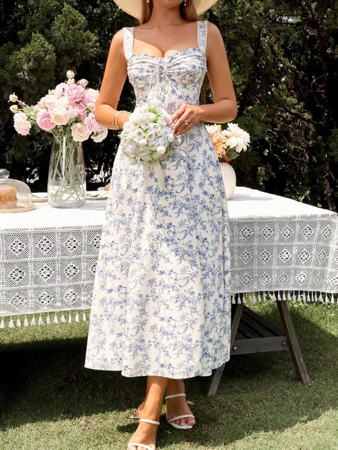 KUTUMAI Floral Corset Midi Dresses for Women 2025 Lace Up Flowy Summer Wedding Guest Dress with Pockets – Bild 5