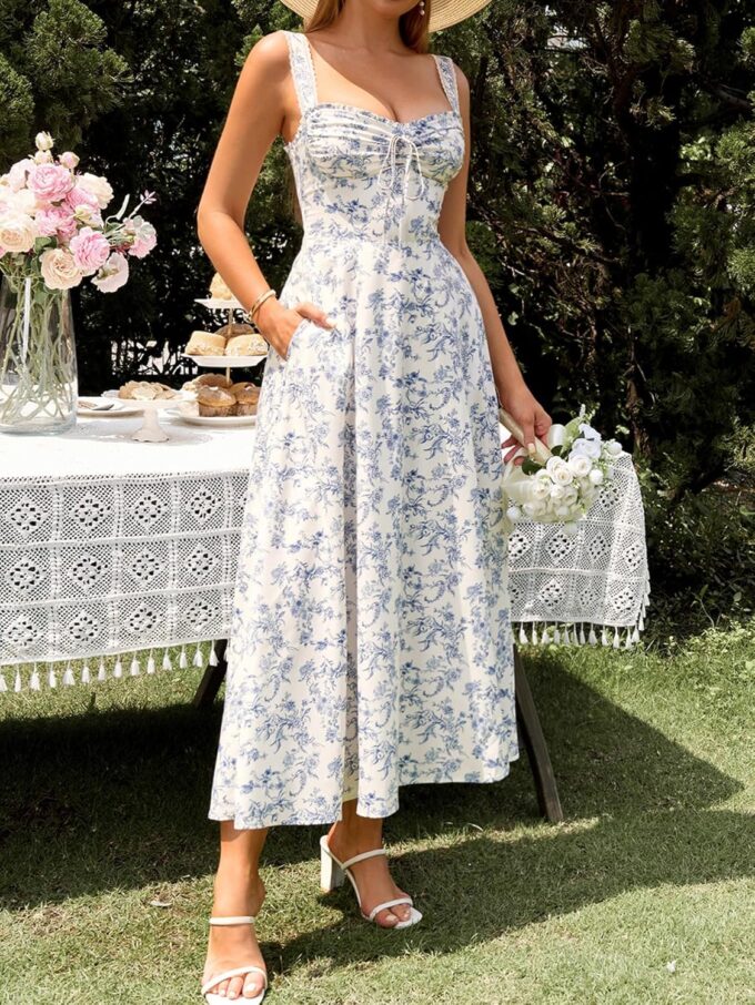 KUTUMAI Floral Corset Midi Dresses for Women 2025 Lace Up Flowy Summer Wedding Guest Dress with Pockets – Bild 6