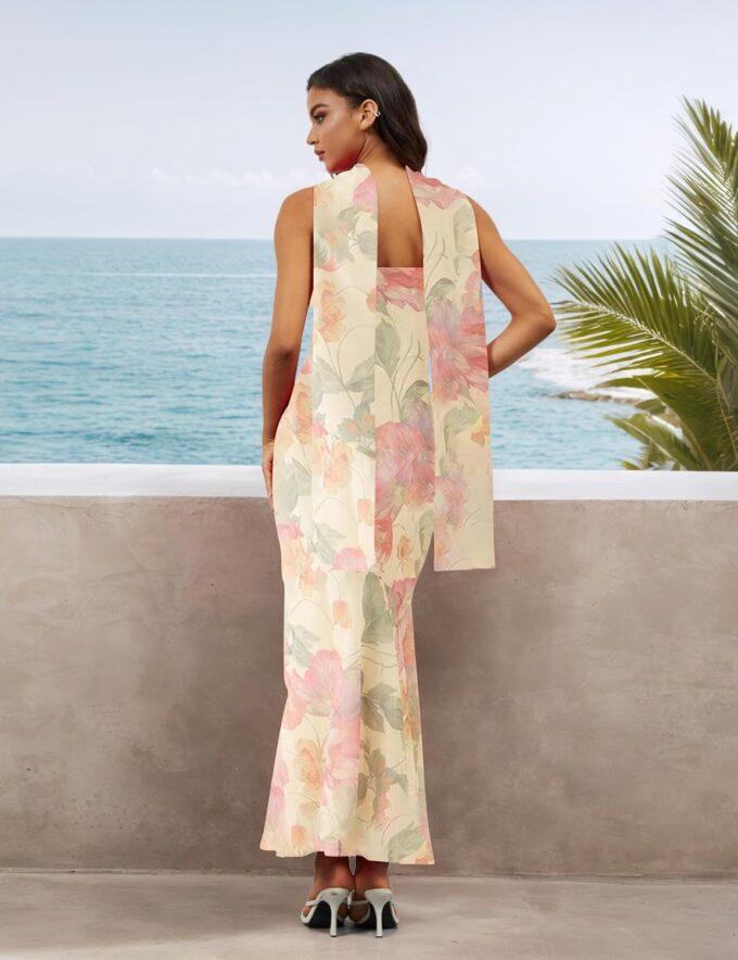 Women Floral Maxi Dress with Scarf Party Club Homecoming Cockatail – Bild 5