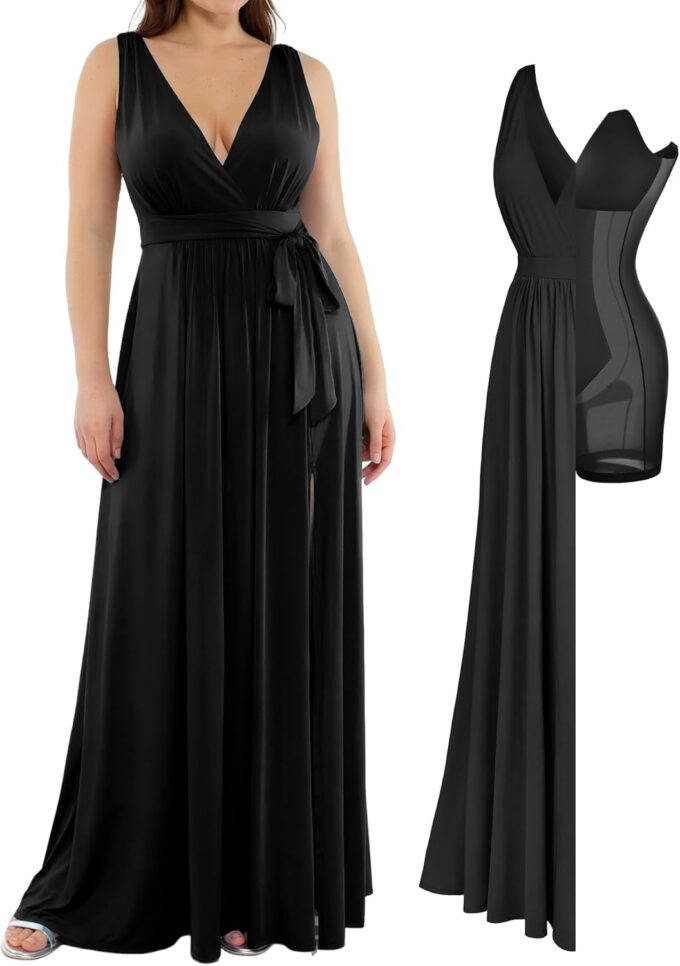 Popilush Women Formal Wedding Guest Dress - Shapewear Bridesmaid Dresses Built-in Bra Floor Length Prom Dress with Tie