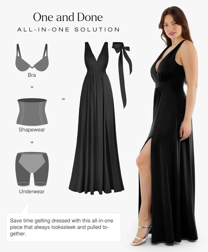 Popilush Women Formal Wedding Guest Dress - Shapewear Bridesmaid Dresses Built-in Bra Floor Length Prom Dress with Tie – Bild 2