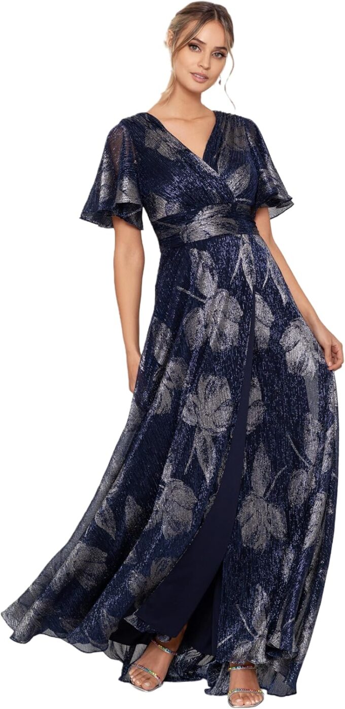 Betsy & Adam Women's V Neck Flutter Sleeve Metallic Print Flowy Dress