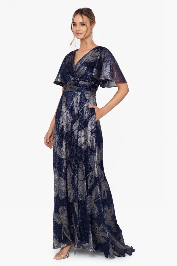 Betsy & Adam Women's V Neck Flutter Sleeve Metallic Print Flowy Dress – Bild 2