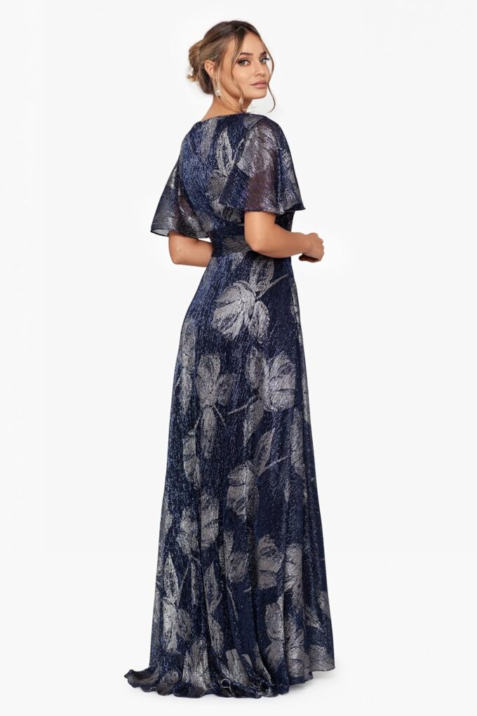 Betsy & Adam Women's V Neck Flutter Sleeve Metallic Print Flowy Dress – Bild 3