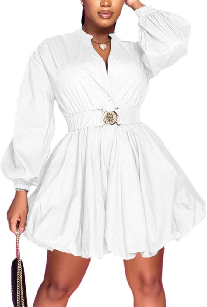 Uni Clau Womens Button Down Shirt Dress Long Sleeve A-Line Casual Puffy Short Mini Dress with Belt