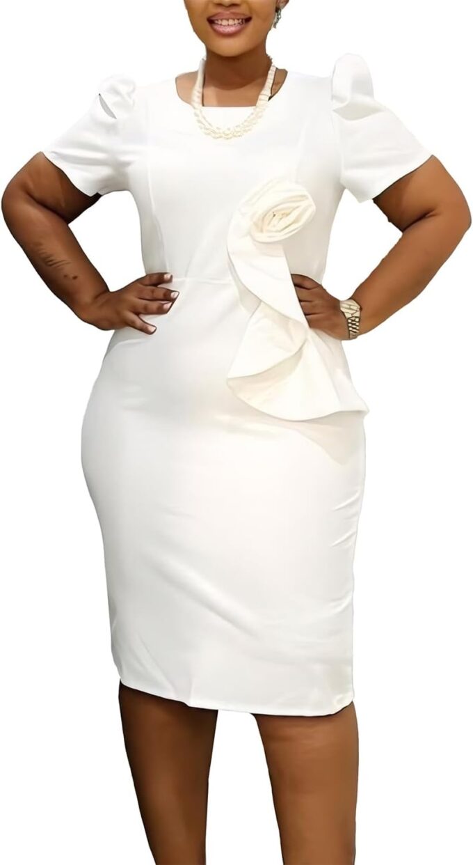 Women Short Sleeve Office Pencil Dress Wedding Guest Church Floral Semi Formal Business Bodycon Midi Dresses
