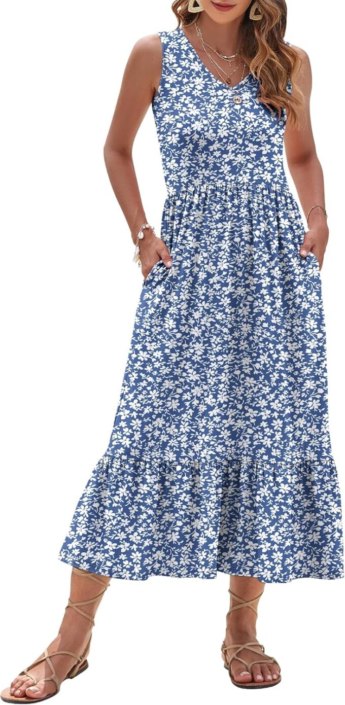 AUSELILY Womens Maxi Dress 2025 Sleeveless Summer Dresses V Neck Casual Tiered Sundresses with Pockets