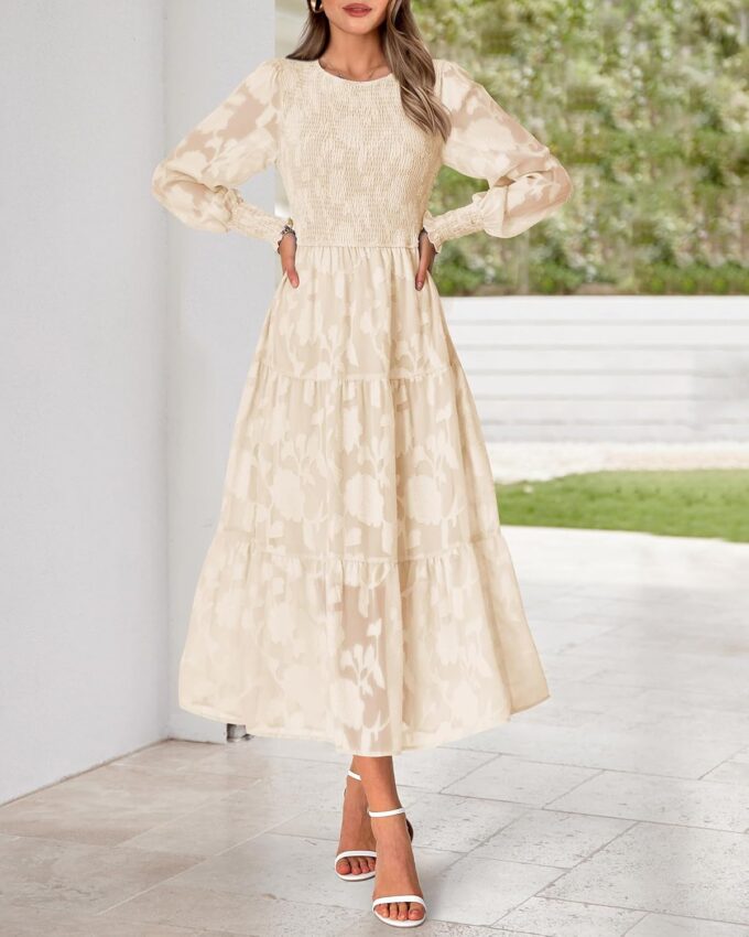 BTFBM Casual Women's 2025 Spring Dresses Elegant Wedding Guest Dress Long Sleeve Floral Midi Dress Flowy Bohemian Long Dress – Bild 3