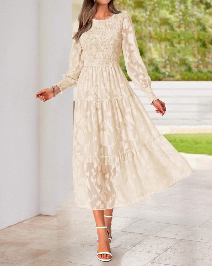 BTFBM Casual Women's 2025 Spring Dresses Elegant Wedding Guest Dress Long Sleeve Floral Midi Dress Flowy Bohemian Long Dress – Bild 6