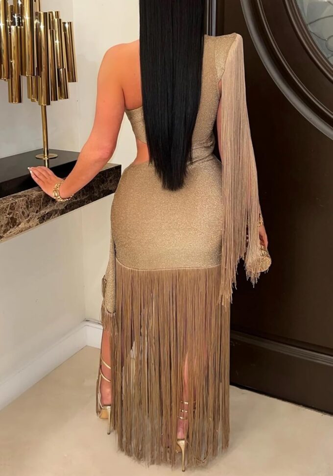 Womens Sexy One Shoulder Fringe Dress Summer Sleeveless Cut Out Tassel Evening Cocktail Party Maxi Dresses – Bild 6