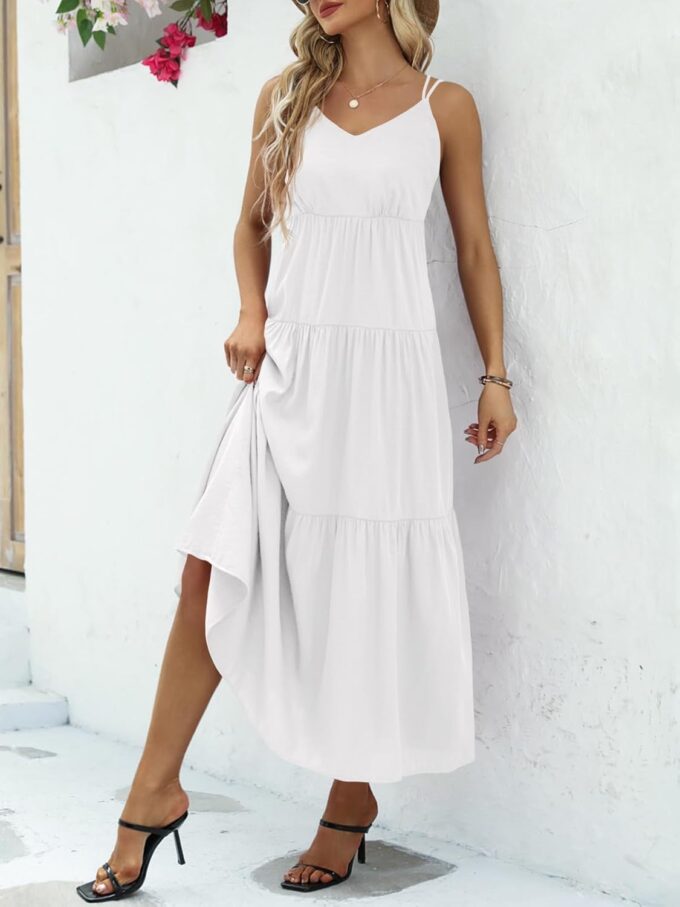 Febriajuce Women’s Summer Maxi Dress Casaul Spaghetti Straps Solid V-Neck Backless Cami Dresses with Two Pockets – Bild 2