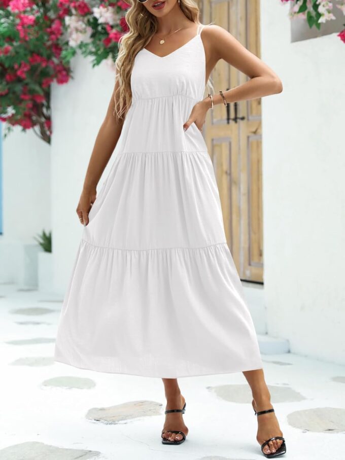 Febriajuce Women’s Summer Maxi Dress Casaul Spaghetti Straps Solid V-Neck Backless Cami Dresses with Two Pockets – Bild 3