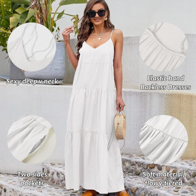 Febriajuce Women’s Summer Maxi Dress Casaul Spaghetti Straps Solid V-Neck Backless Cami Dresses with Two Pockets – Bild 5
