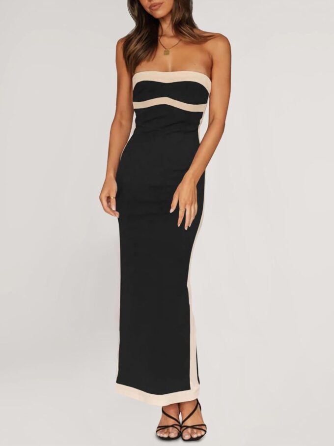 Fisoew Womens Strapless Bodycon Dress Sexy Contrast Color Off Shoulder Party Tube Maxi Dresses – Bild 2
