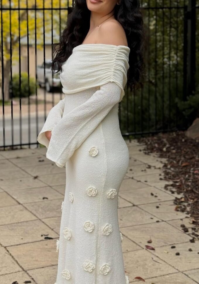 Unybwonn Women Sexy Off Shoulder Crochet Maxi Dress Bodycon Stretchy Mesh Knit Dress Long Sleeve Tube Top Elegant Dresses – Bild 6