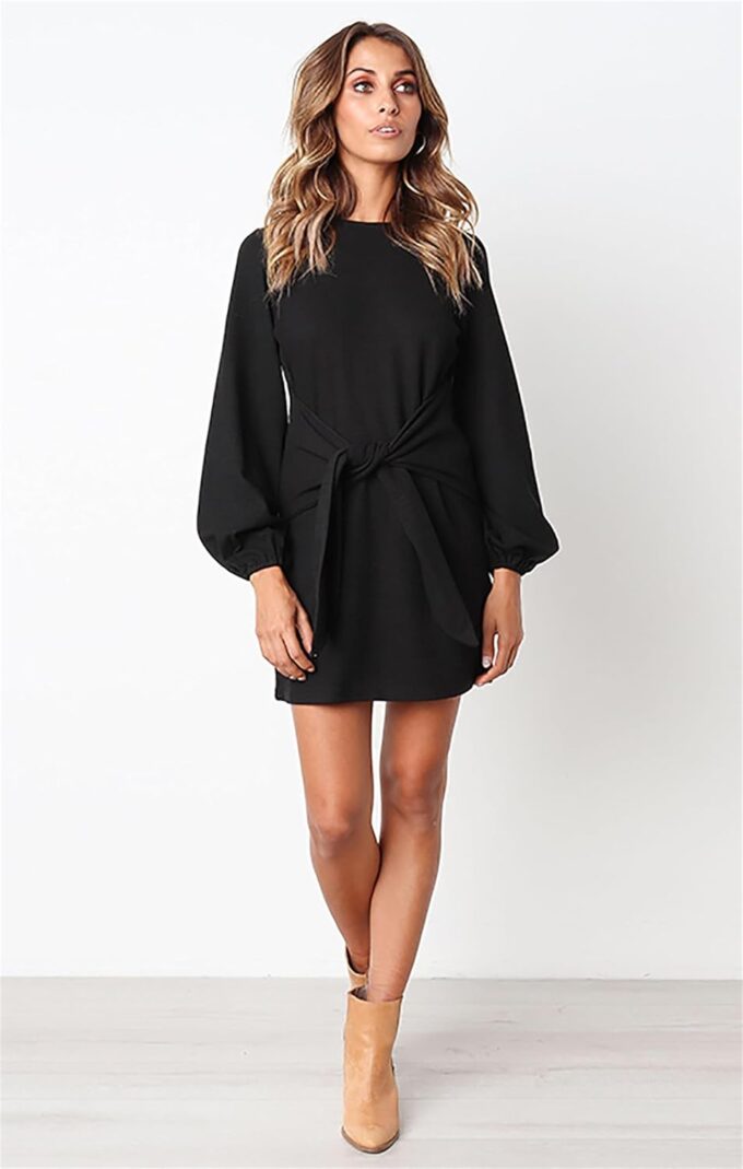PRETTYGARDEN Women's Elegant Long Lantern Sleeve Short Dress Crewneck Tie Waist Knit Cocktail Dress – Bild 5