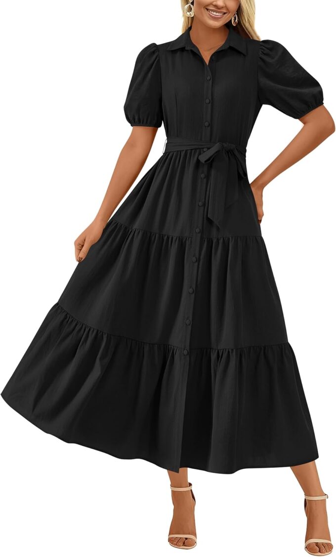 MASCOMODA Womens Summer Dresses 2025 Short Sleeve Maxi Dress Casual V Neck Button Down Tiered A Line Flowy Midi Shirt Dress