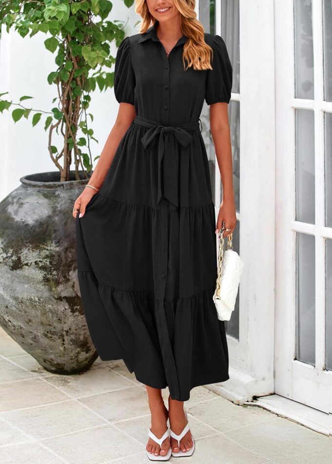 MASCOMODA Womens Summer Dresses 2025 Short Sleeve Maxi Dress Casual V Neck Button Down Tiered A Line Flowy Midi Shirt Dress – Bild 2
