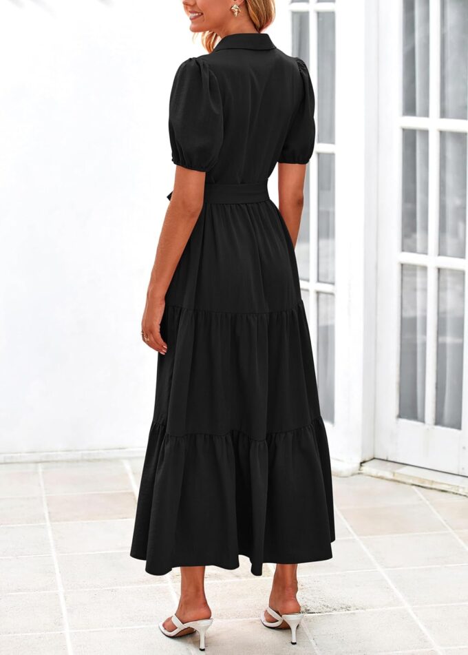 MASCOMODA Womens Summer Dresses 2025 Short Sleeve Maxi Dress Casual V Neck Button Down Tiered A Line Flowy Midi Shirt Dress – Bild 3
