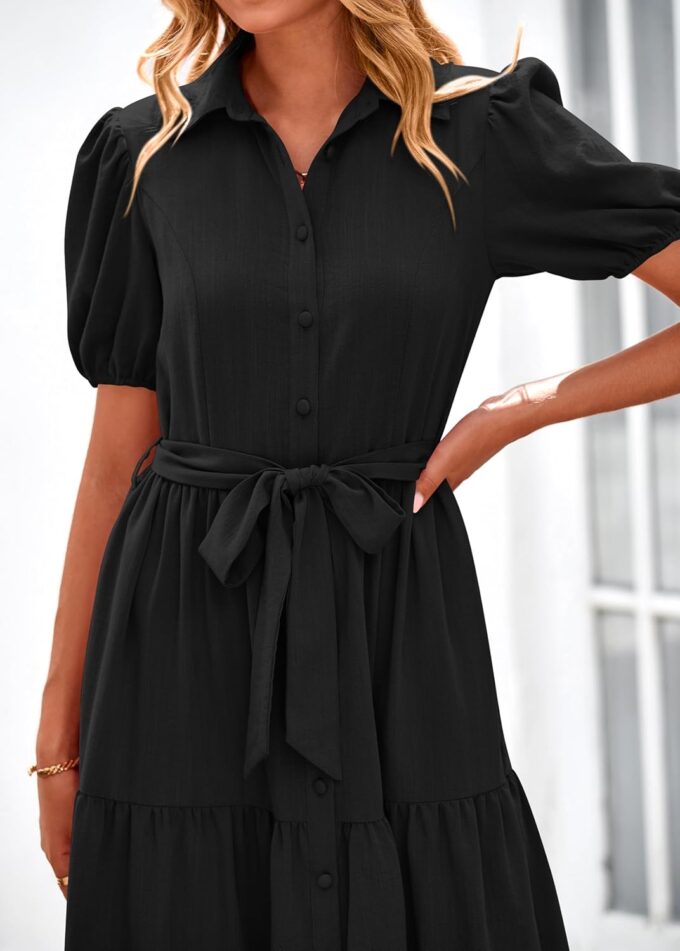 MASCOMODA Womens Summer Dresses 2025 Short Sleeve Maxi Dress Casual V Neck Button Down Tiered A Line Flowy Midi Shirt Dress – Bild 4