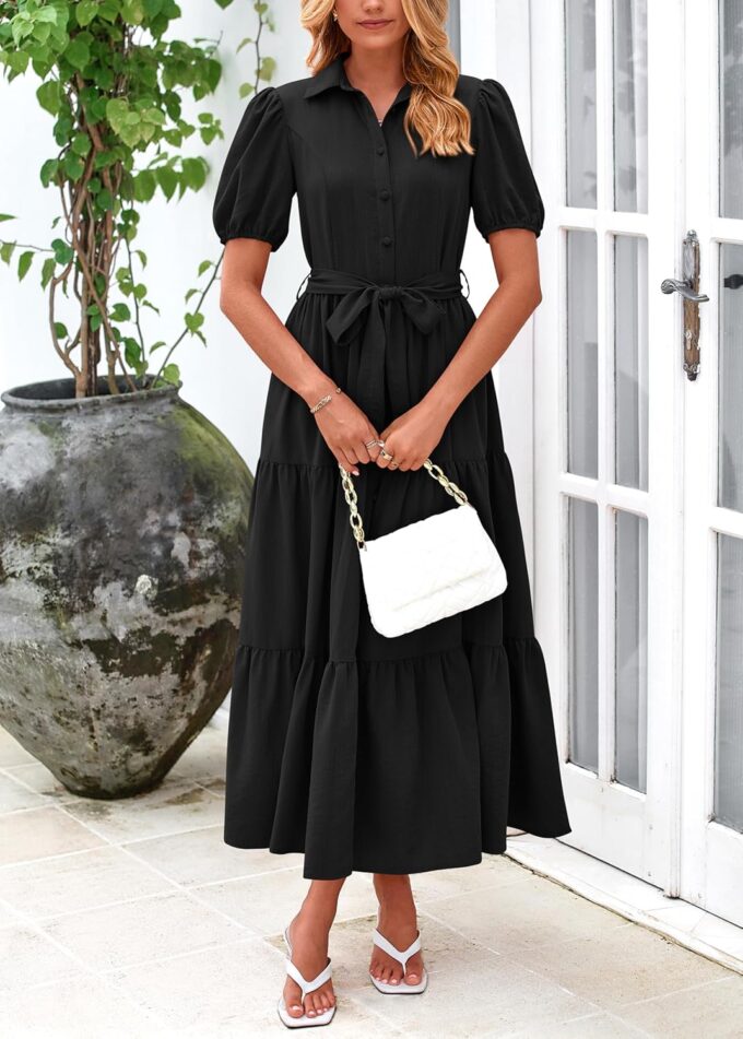MASCOMODA Womens Summer Dresses 2025 Short Sleeve Maxi Dress Casual V Neck Button Down Tiered A Line Flowy Midi Shirt Dress – Bild 5