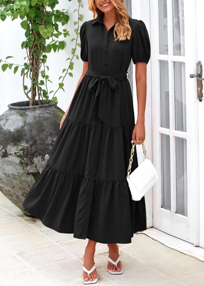 MASCOMODA Womens Summer Dresses 2025 Short Sleeve Maxi Dress Casual V Neck Button Down Tiered A Line Flowy Midi Shirt Dress – Bild 6