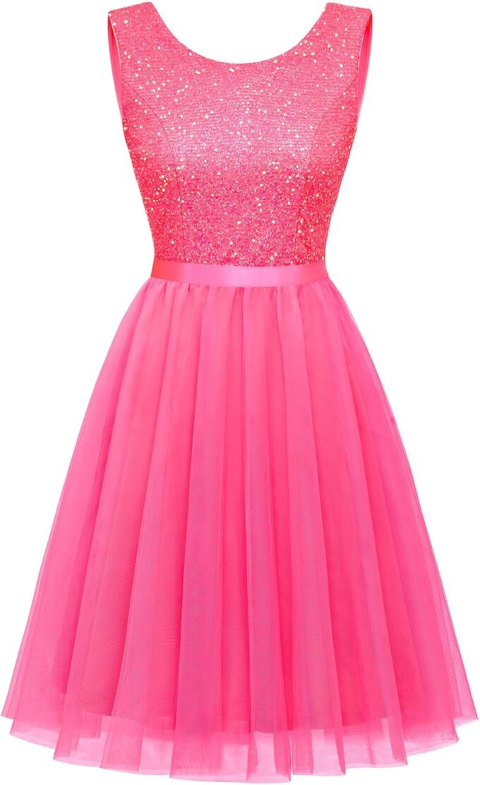 BeryLove Sequin Dress Vintage A Line Wedding Formal Swing Tulle Dress Sleeveless Cocktail Mini Dress