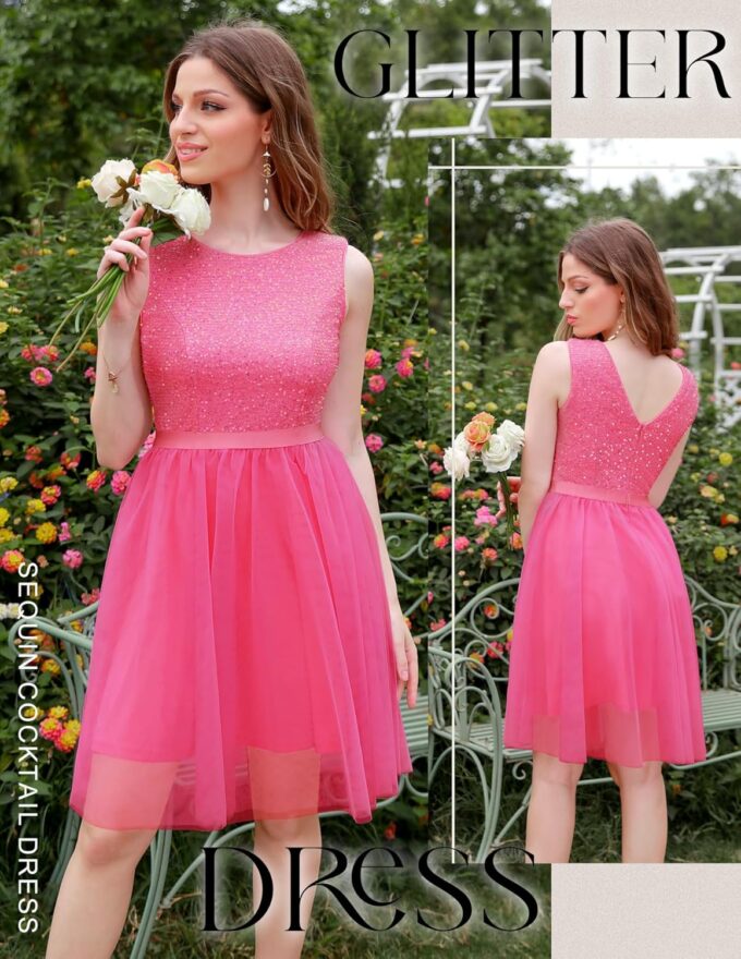 BeryLove Sequin Dress Vintage A Line Wedding Formal Swing Tulle Dress Sleeveless Cocktail Mini Dress – Bild 2