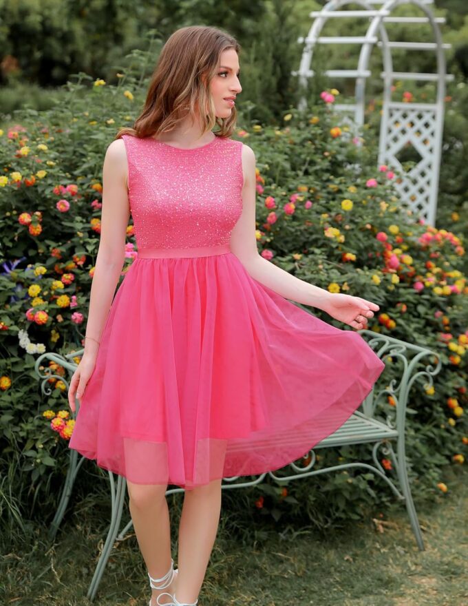 BeryLove Sequin Dress Vintage A Line Wedding Formal Swing Tulle Dress Sleeveless Cocktail Mini Dress – Bild 3