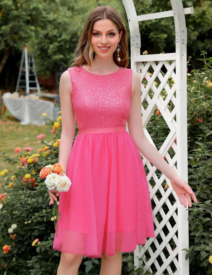 BeryLove Sequin Dress Vintage A Line Wedding Formal Swing Tulle Dress Sleeveless Cocktail Mini Dress – Bild 4
