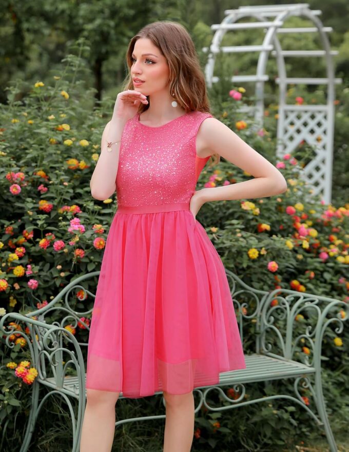 BeryLove Sequin Dress Vintage A Line Wedding Formal Swing Tulle Dress Sleeveless Cocktail Mini Dress – Bild 5
