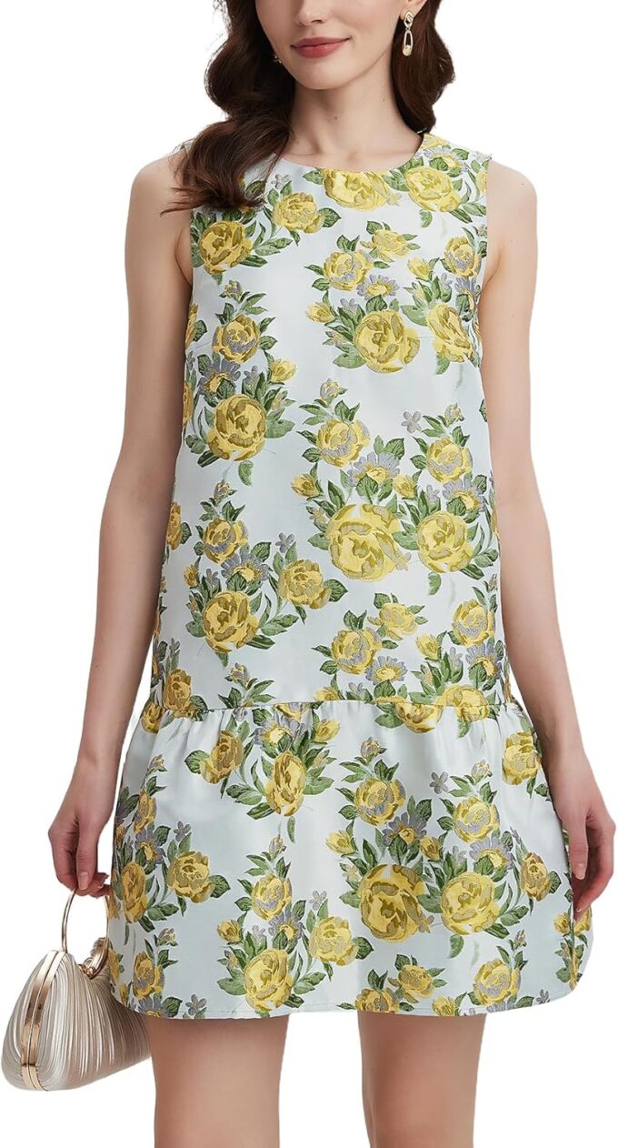 Women's Floral Jacquard Mini Dress Crewneck Sleeveless Open Back Ruffle Hem Cocktail Party Dress