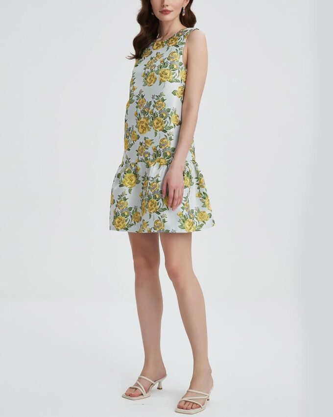 Women's Floral Jacquard Mini Dress Crewneck Sleeveless Open Back Ruffle Hem Cocktail Party Dress – Bild 4