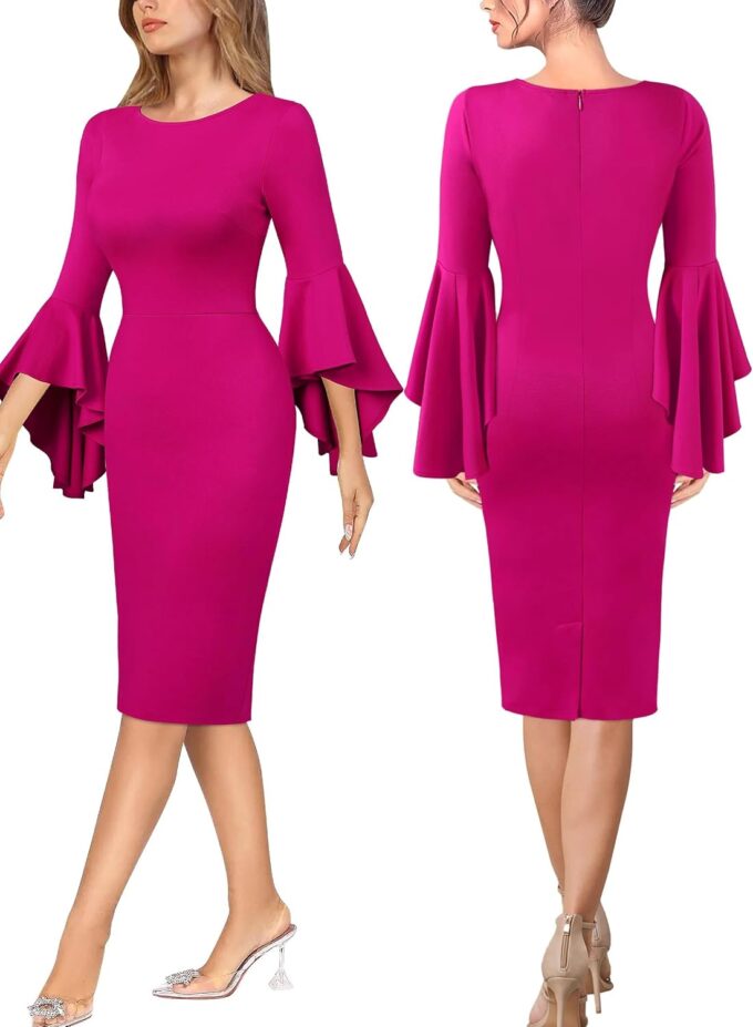 VFSHOW Womens Ruffle Bell Sleeves Business Cocktail Party Bodycon Pencil Sheath Dress – Bild 4