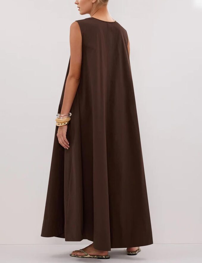 Women Ruched Scoop Neck Sleeveless Maxi Dress Wide Pleated Strap Midi Dress Solid Loose Long Dresses with Pockets – Bild 2