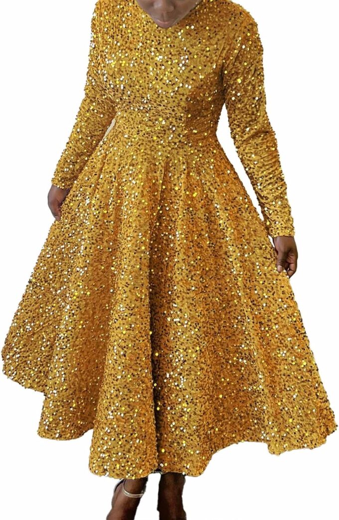 SOMTHRON Women's Sequin Dress Plus Size Long Sleeve A-Line Flared Party Cocktail Sparkle Glitter Evening Shiny Maxi Dress – Bild 2