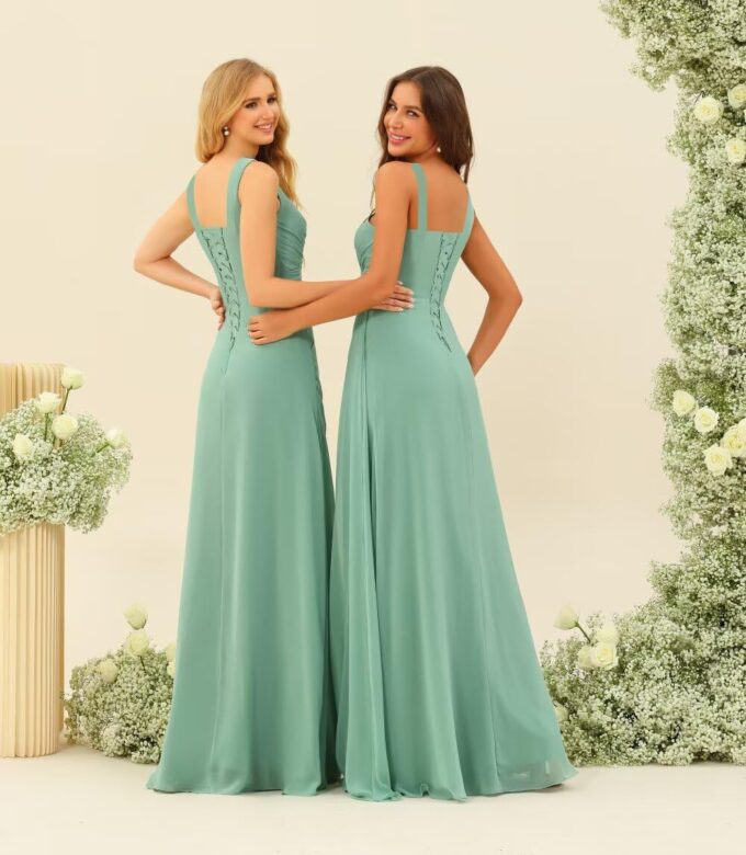 Stylefun Square Neck Bridesmaid Dresses Long with Slit Pleated A Line Chiffon Formal Evening Dress CYM184 – Bild 2