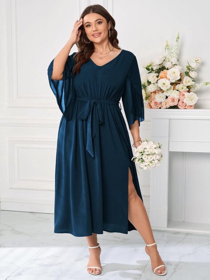 Womens Plus Size Dress Wedding Guest Cocktail Chiffon 3/4 Sleeve V Neck Slit A Line Maxi Dress Formal with Belt – Bild 5