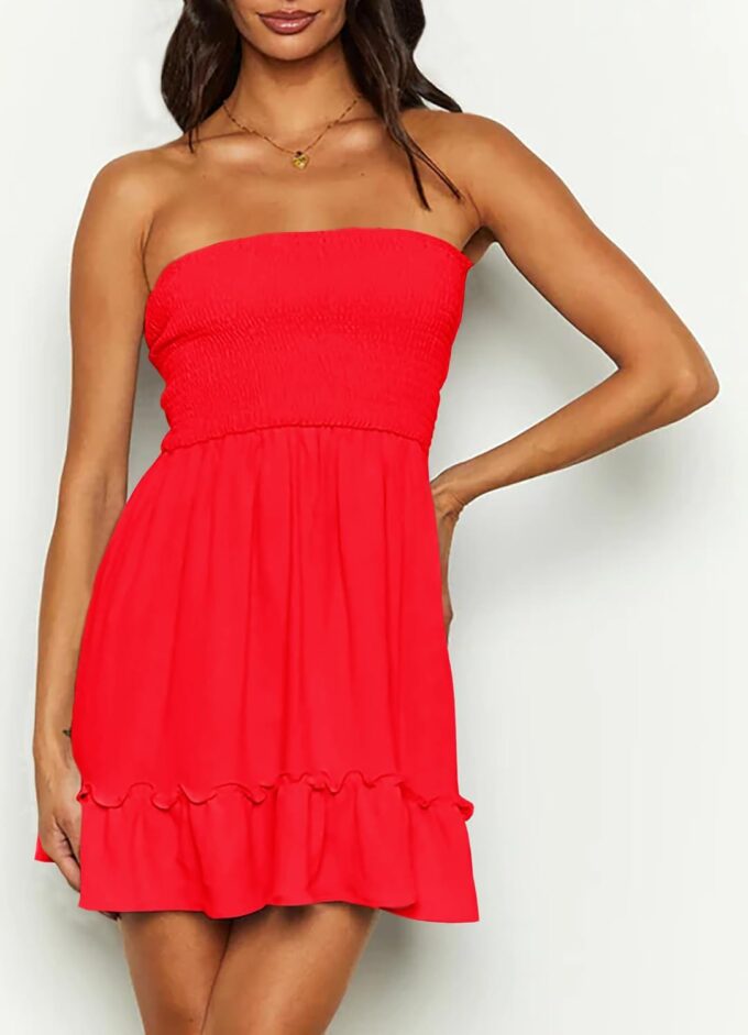 Tube Top Dress for Women Summer Solid Strapless Mini Dresses, Off The Shoudle Ruffle Beach Dress – Bild 5