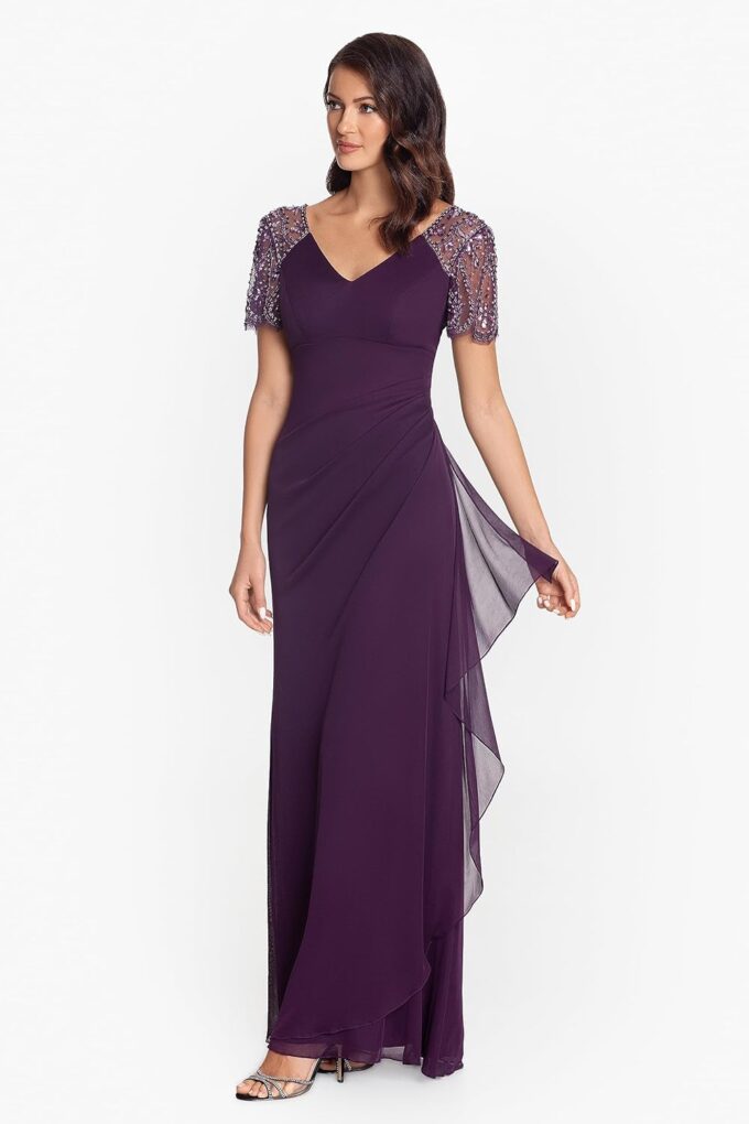 Xscape Female Long Sheer Matte Jersey Beaded Flutter Sleeve – Bild 3
