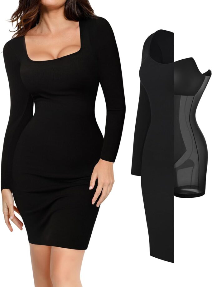 Popilush Long Sleeve Midi Dress Bodycon Party Dress Shapewear Tummy Control Cocktail Dresses Built-in Bra