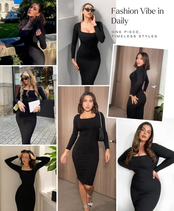 Popilush Long Sleeve Midi Dress Bodycon Party Dress Shapewear Tummy Control Cocktail Dresses Built-in Bra – Bild 2