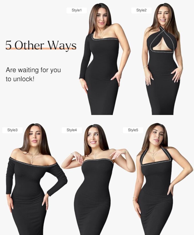 Popilush Long Sleeve Midi Dress Bodycon Party Dress Shapewear Tummy Control Cocktail Dresses Built-in Bra – Bild 3