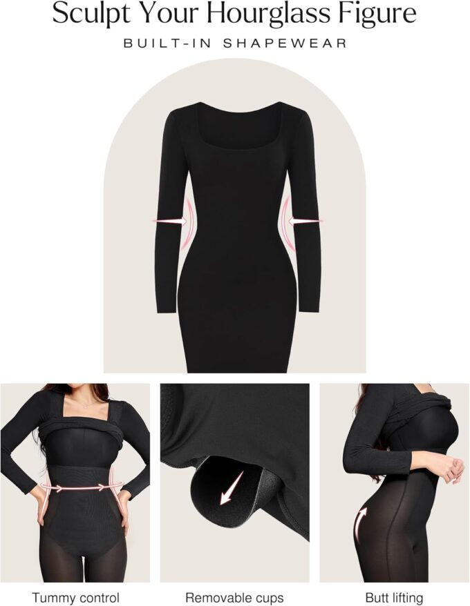 Popilush Long Sleeve Midi Dress Bodycon Party Dress Shapewear Tummy Control Cocktail Dresses Built-in Bra – Bild 4
