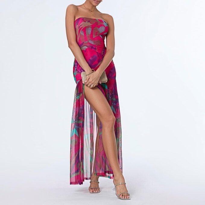 Women's Summer Tube Top Dress Strapless Backless Mesh Patchwork High Slit Maxi Party Dress – Bild 2