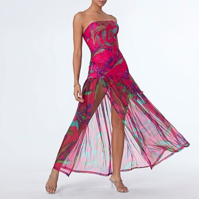 Women's Summer Tube Top Dress Strapless Backless Mesh Patchwork High Slit Maxi Party Dress – Bild 3