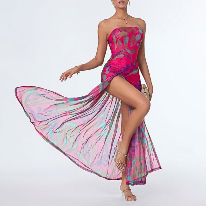 Women's Summer Tube Top Dress Strapless Backless Mesh Patchwork High Slit Maxi Party Dress – Bild 4